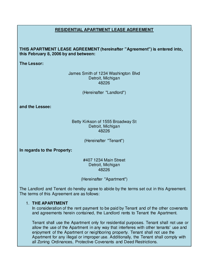 Residential apartment lease agreement in Word and Pdf formats