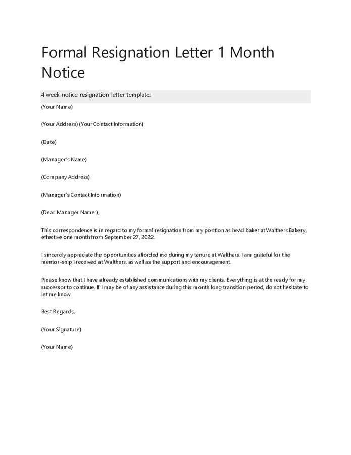 Formal resignation letter 1 month notice in Word and Pdf formats