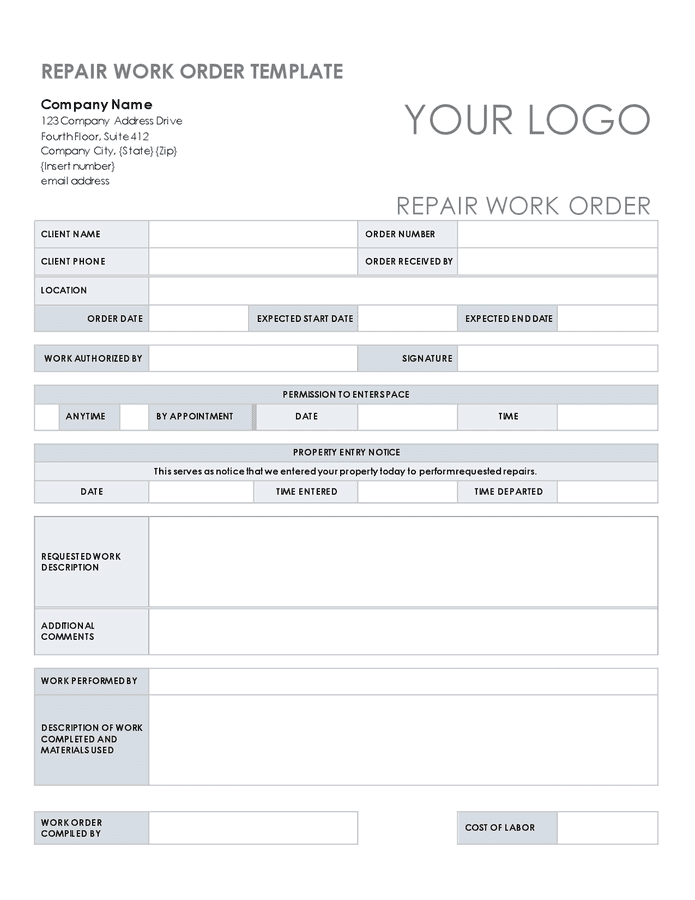 Repair work order template in Word and Pdf formats