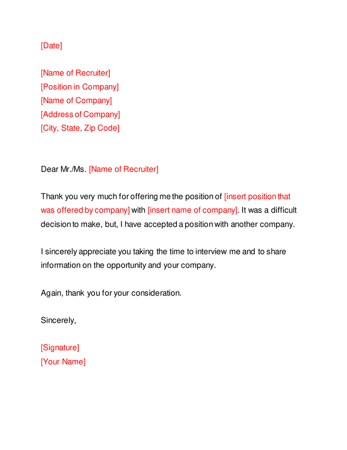 Polite rejection letter in Word and Pdf formats