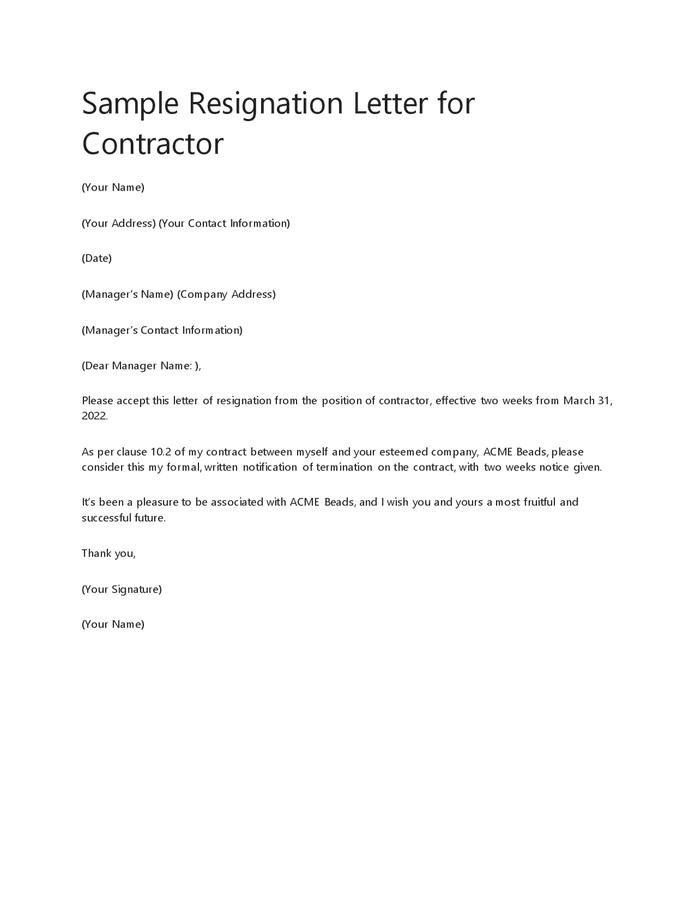 Sample resignation letter for contractor in Word and Pdf formats