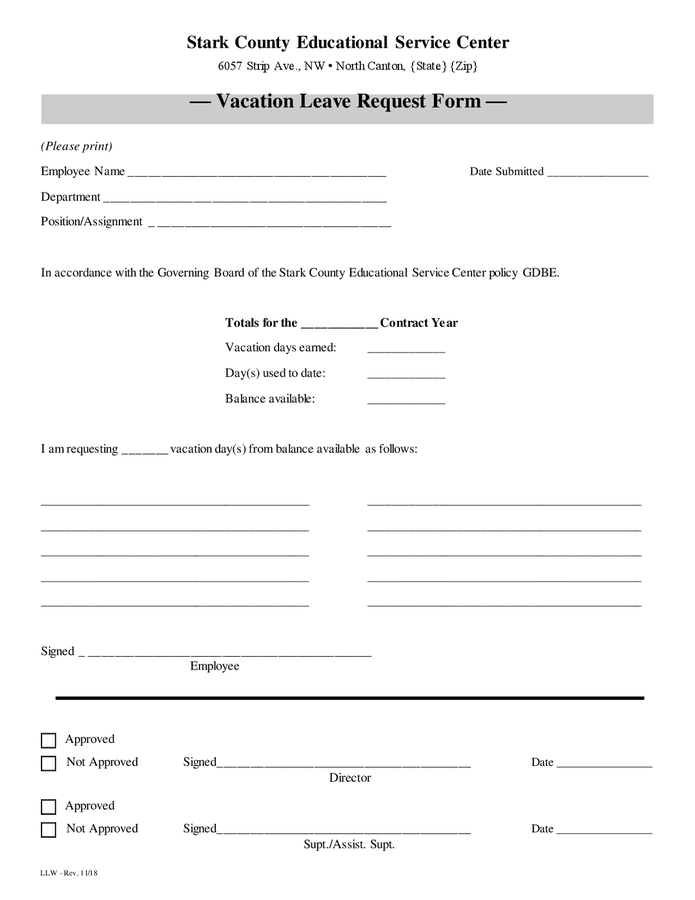Sample vacation leave request form in Word and Pdf formats