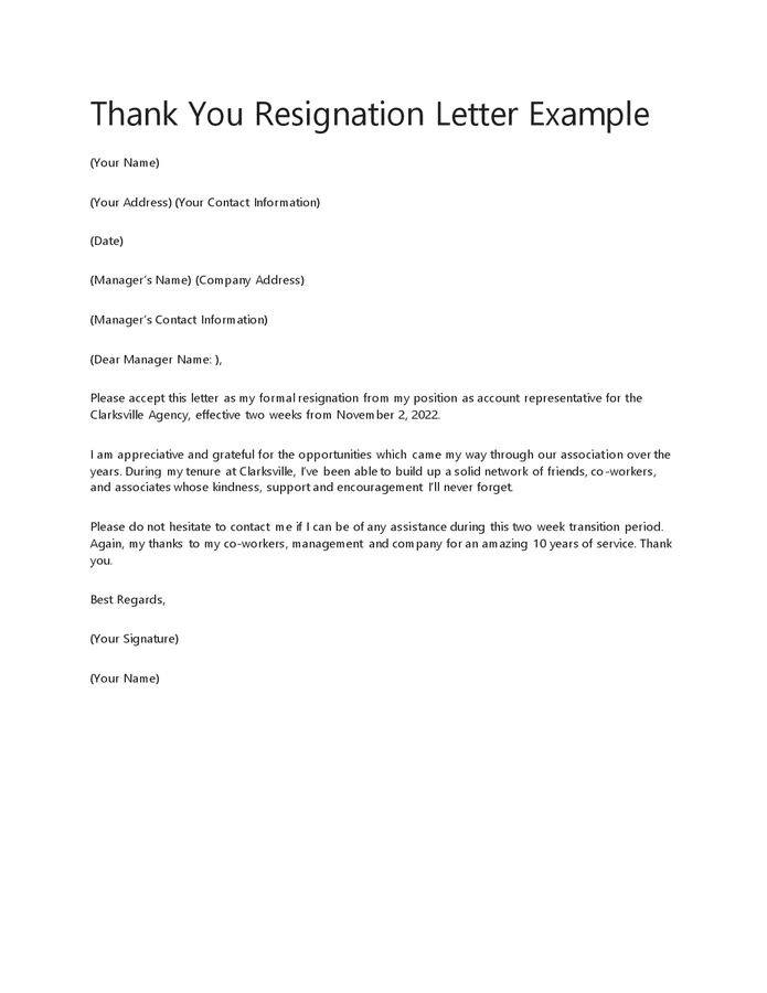 Thank you resignation letter in Word and Pdf formats