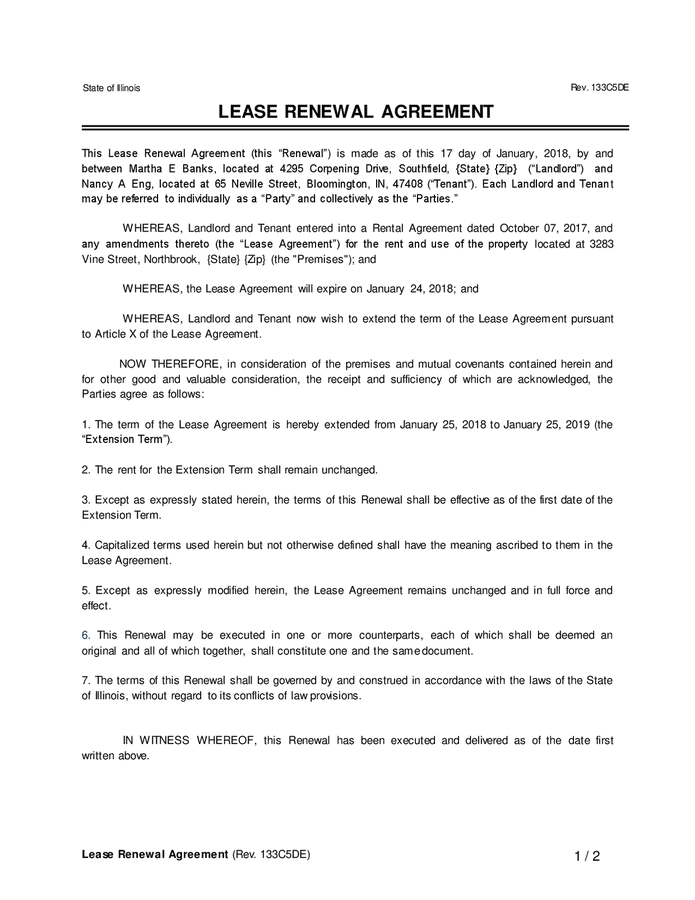 Lease renewal agreement (Illinois) in Word and Pdf formats