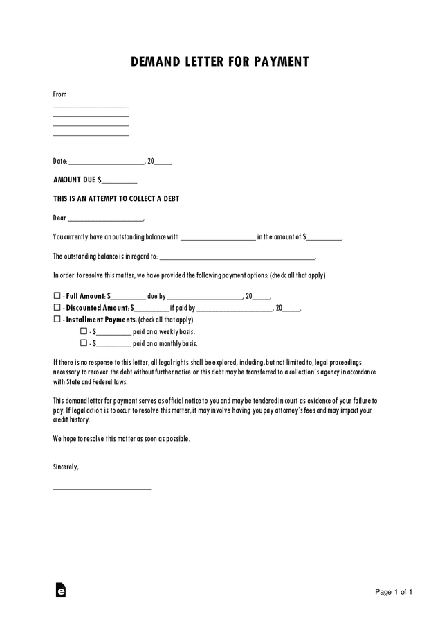 Demand letter for payment in Word and Pdf formats