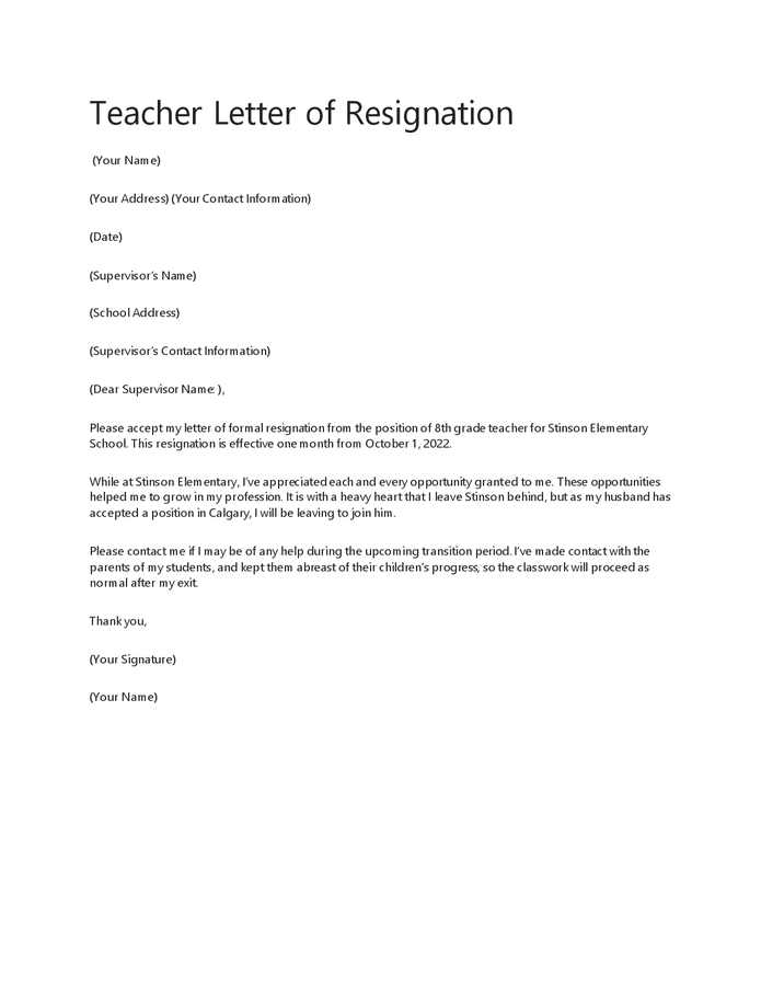 Letter of resignation - teacher in Word and Pdf formats