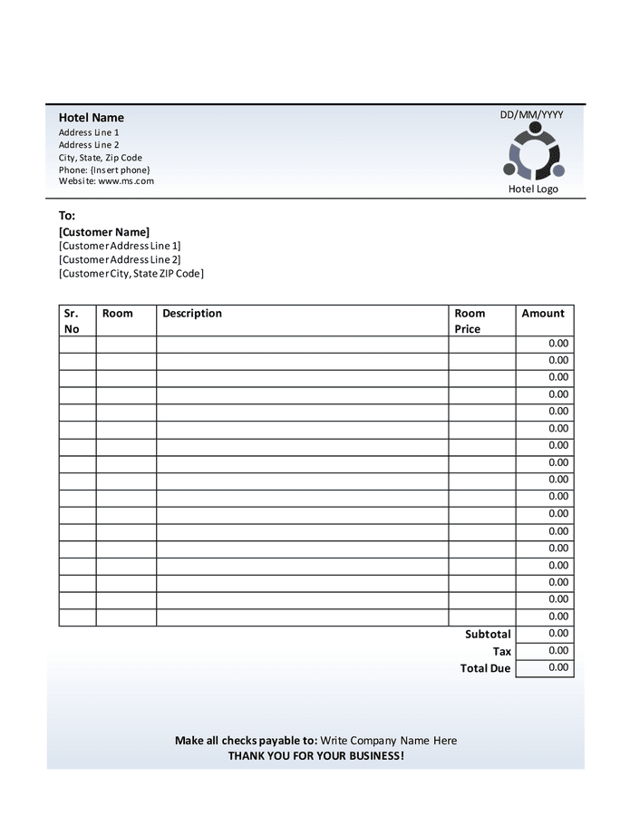 Hotel receipt form in Word and Pdf formats