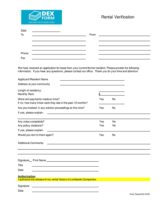 Rental verification form in Word and Pdf formats