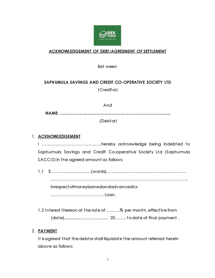 Acknowledgement of debt agreement of settlement in word and pdf formats