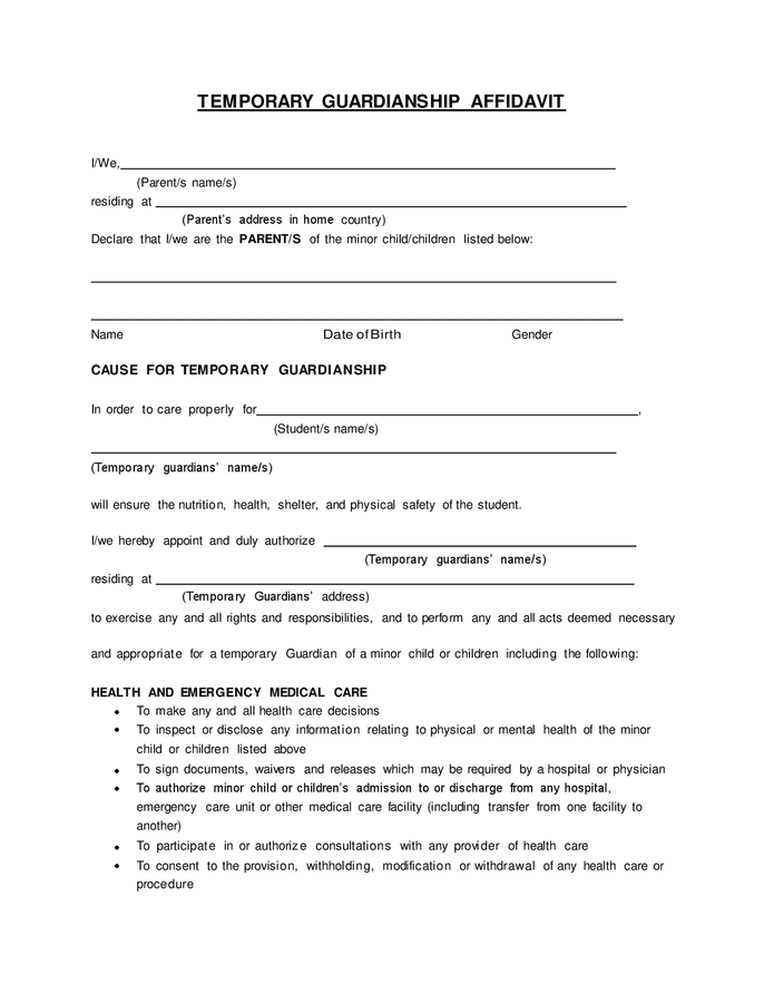 Temporary guardianship affidavit in Word and Pdf formats