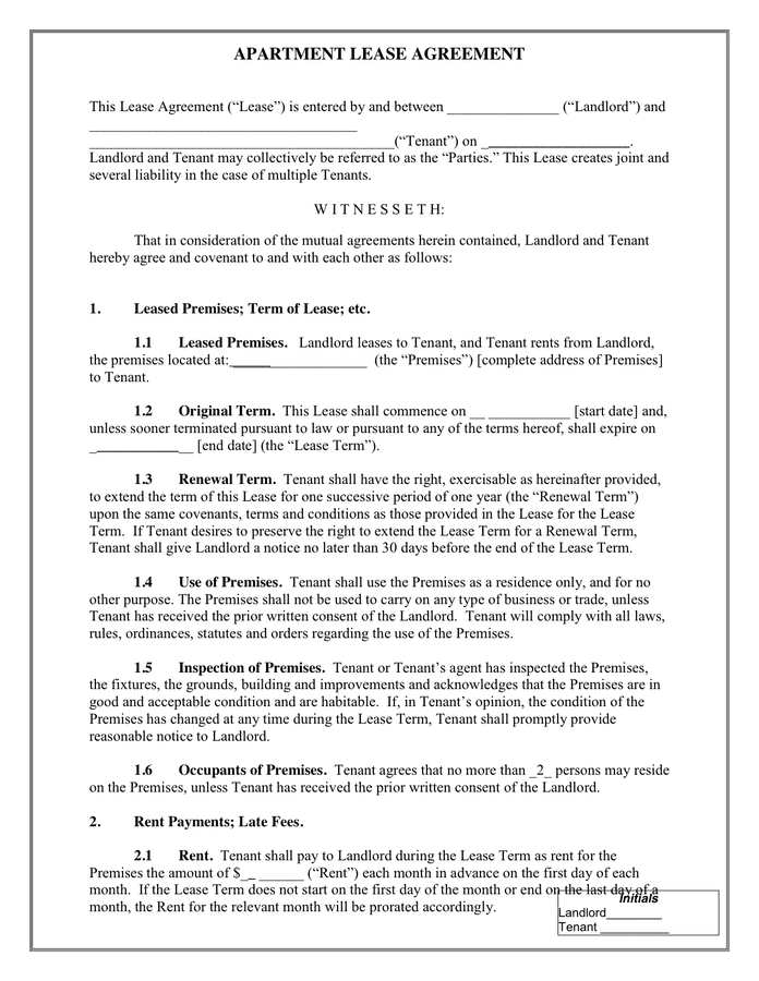 Apartment Lease Agreement in Word and Pdf formats