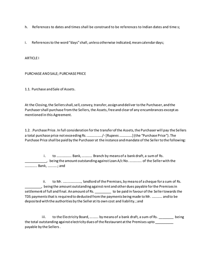 Assets purchase agreement in Word and Pdf formats - page 3 of 12