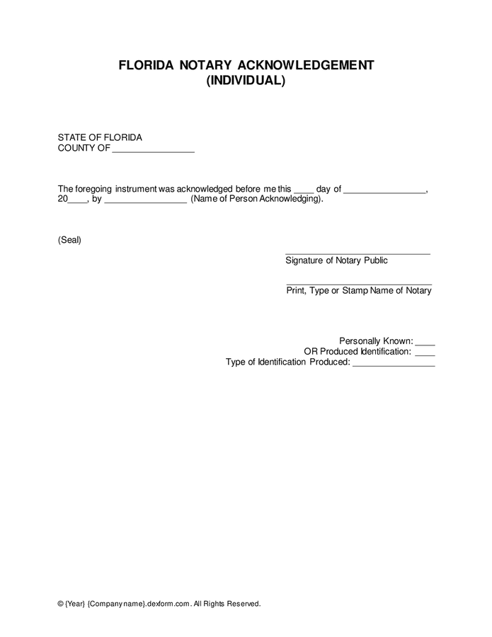 Individual notary acknowledgement (Florida) in Word and Pdf formats