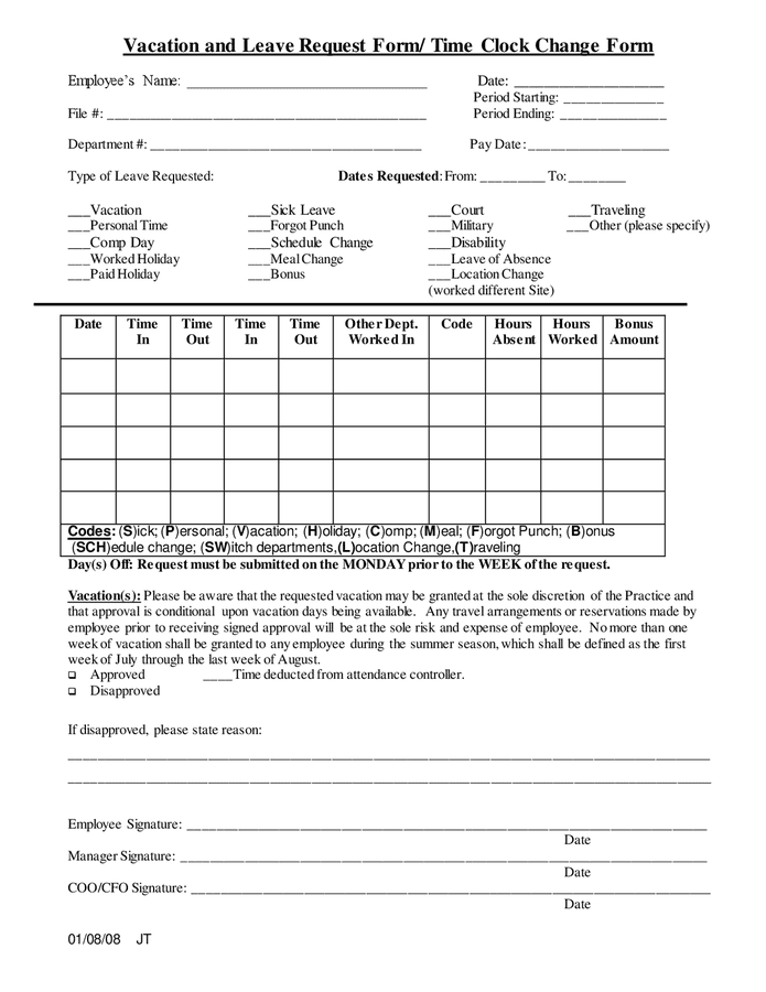 Time clock change form in Word and Pdf formats