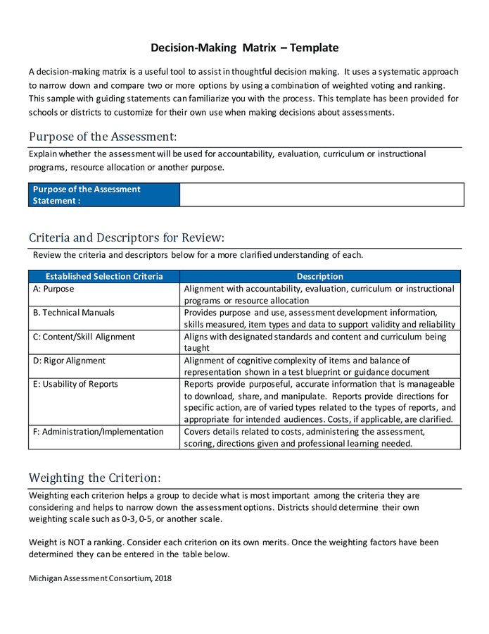 Decision-making matrix template in Word and Pdf formats