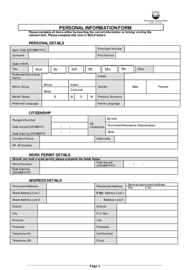 Employee information form in Word and Pdf formats