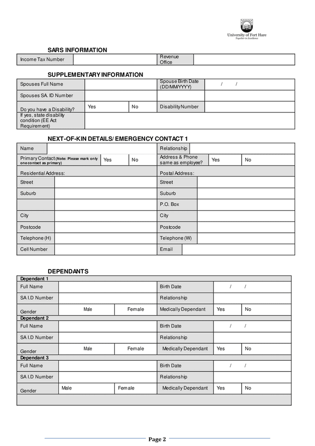 Employee information form in Word and Pdf formats - page 2 of 3