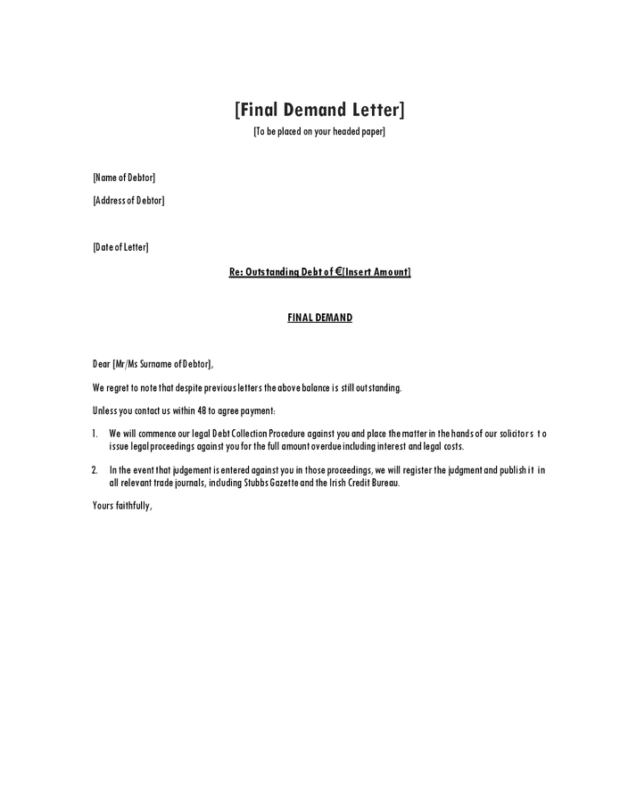 Final demand letter in Word and Pdf formats