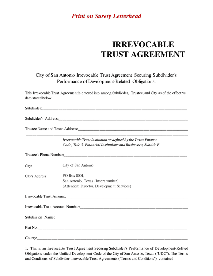 Irrevocable trust agreement in Word and Pdf formats