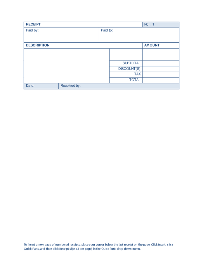 Simple payment receipt template in Word and Pdf formats