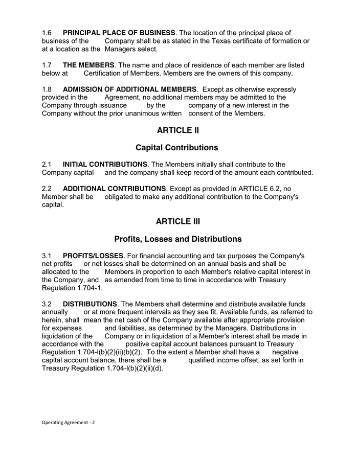 Texas LLC operating agreement in Word and Pdf formats page 2 of 11