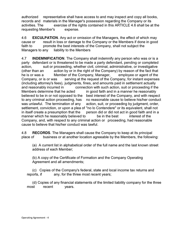 Texas LLC operating agreement in Word and Pdf formats page 4 of 11