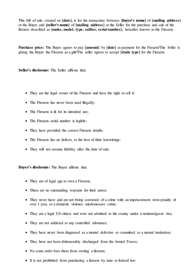 Firearm Bill of Sale Form - download free documents for PDF, Word and Excel