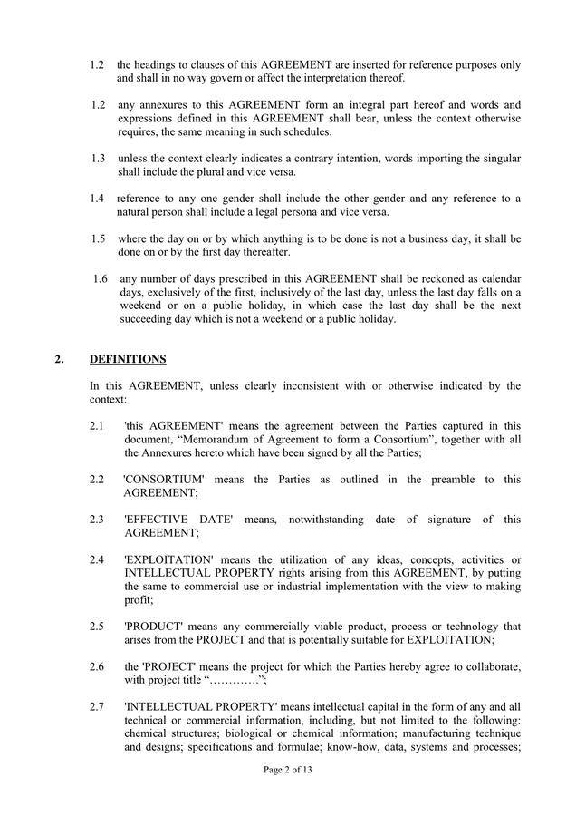 Memorandum of agreement in Word and Pdf formats - page 2 of 13