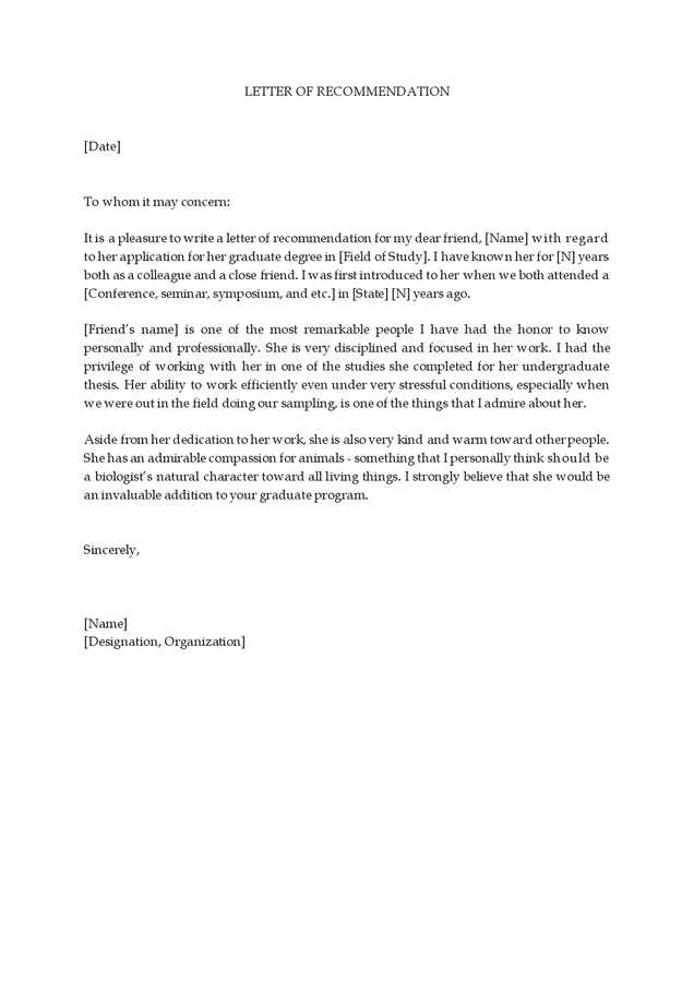 Letter of recommendation for school graduate in Word and Pdf formats