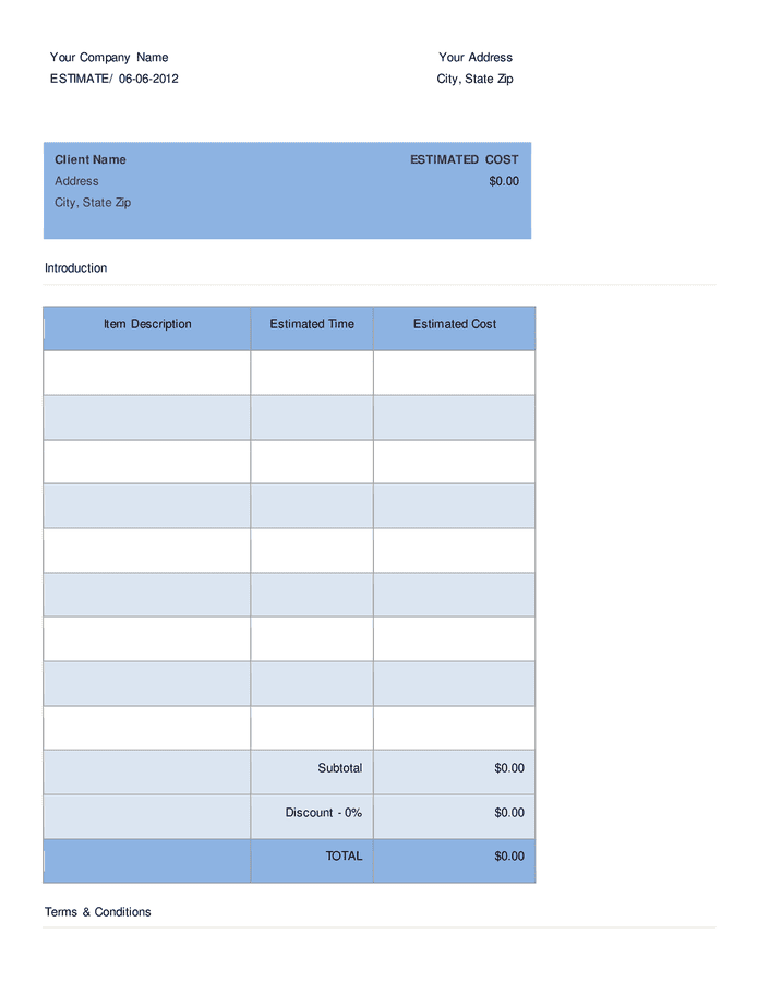 Free job estimte template in Word and Pdf formats