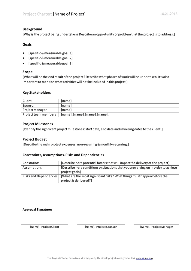 Project charter template in Word and Pdf formats