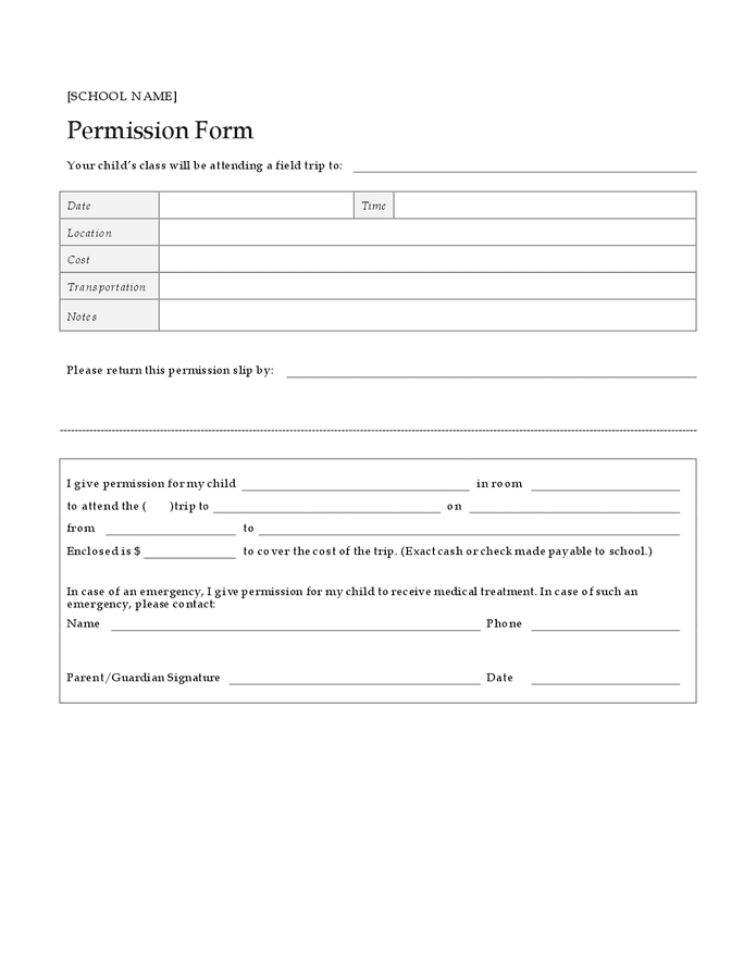 School permission form in Word and Pdf formats