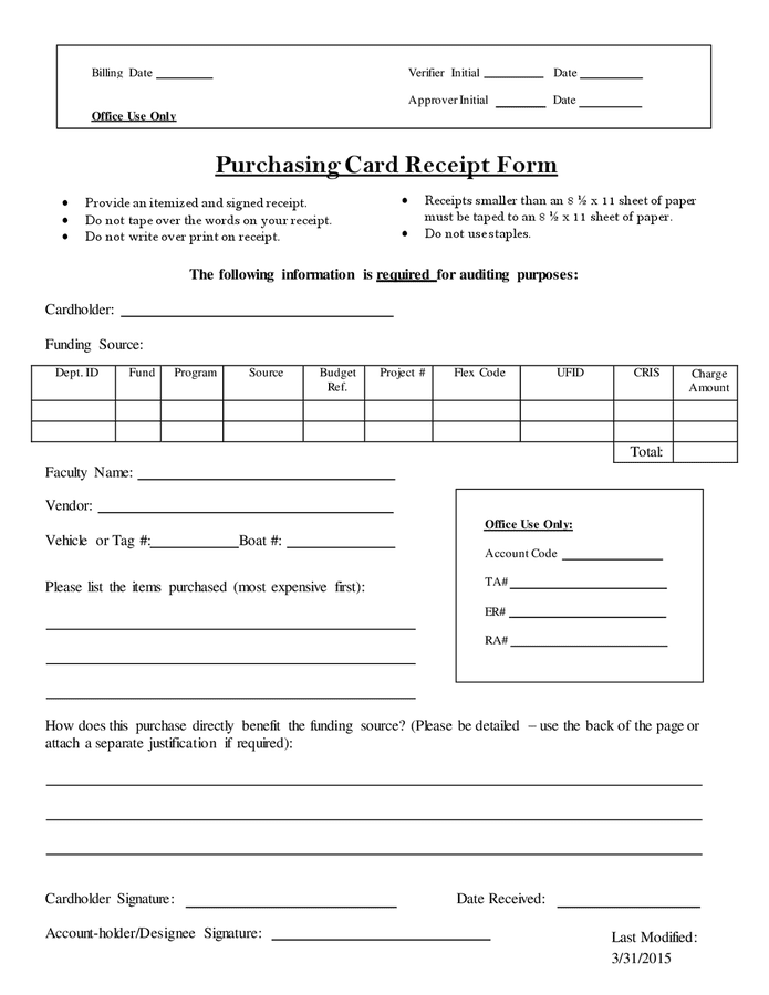 Purchasing card receipt form in Word and Pdf formats