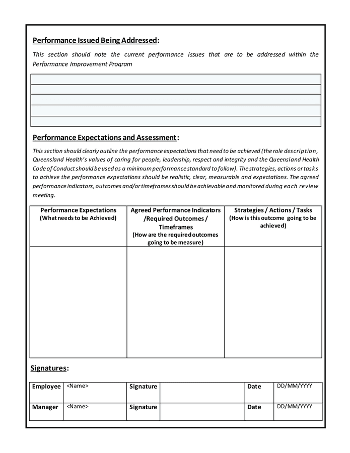 Performance improvement plan template in Word and Pdf formats - page 2 of 2