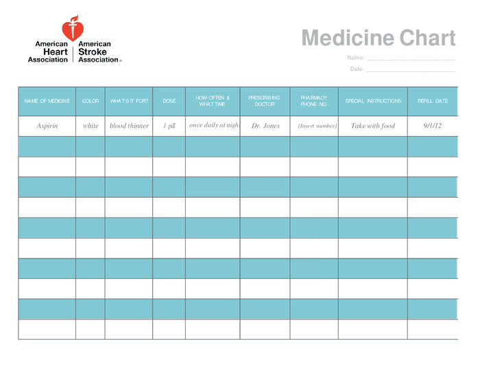 Medicine chart in Word and Pdf formats