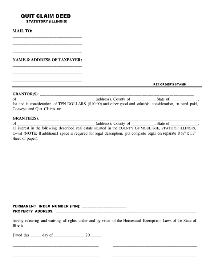 Quit claim deed (Illinois) in Word and Pdf formats