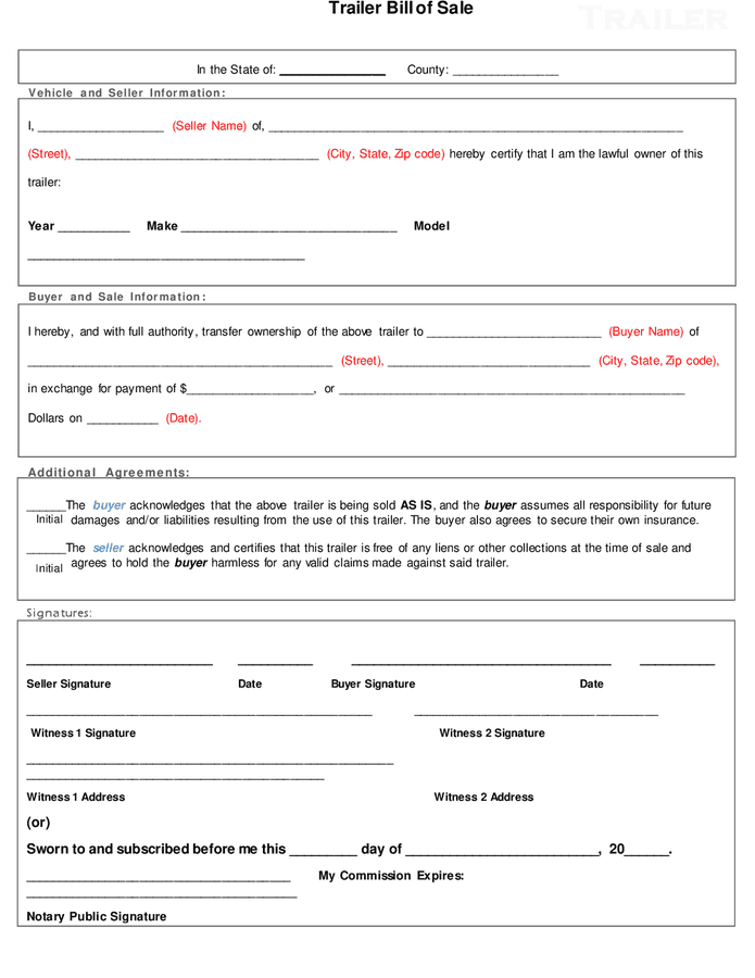 Trailer Bill Of Sale In Word And Pdf Formats