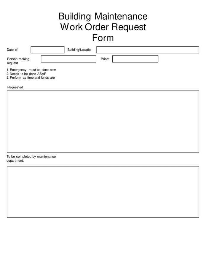 Building maintenance work order request form in Word and Pdf formats