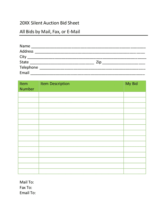 Silent auction bid sheet in Word and Pdf formats