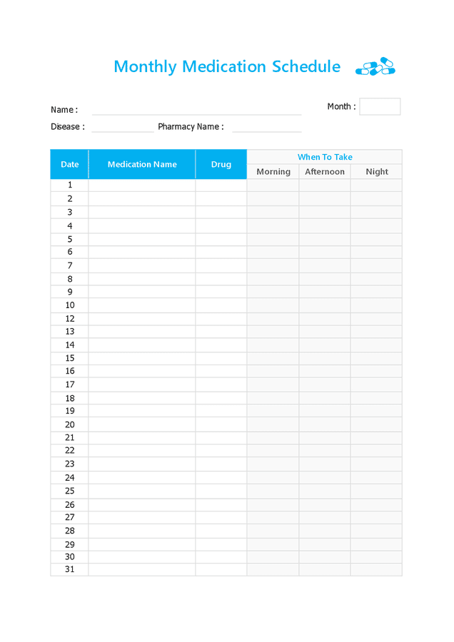 Monthly Medication Schedule In Word And Pdf Formats