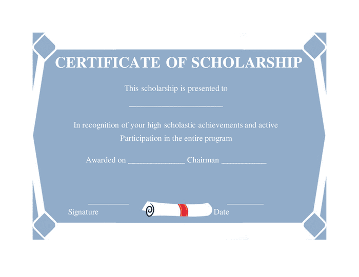 Certificate of scholarship in Word and Pdf formats