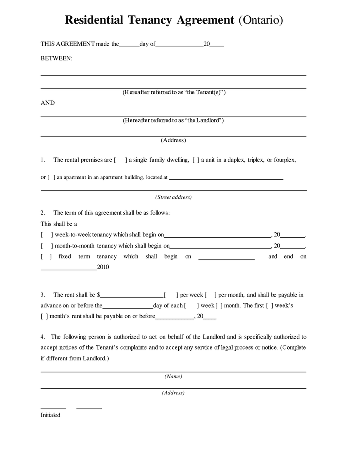 Residential tenancy agreement (Ontario) in Word and Pdf formats