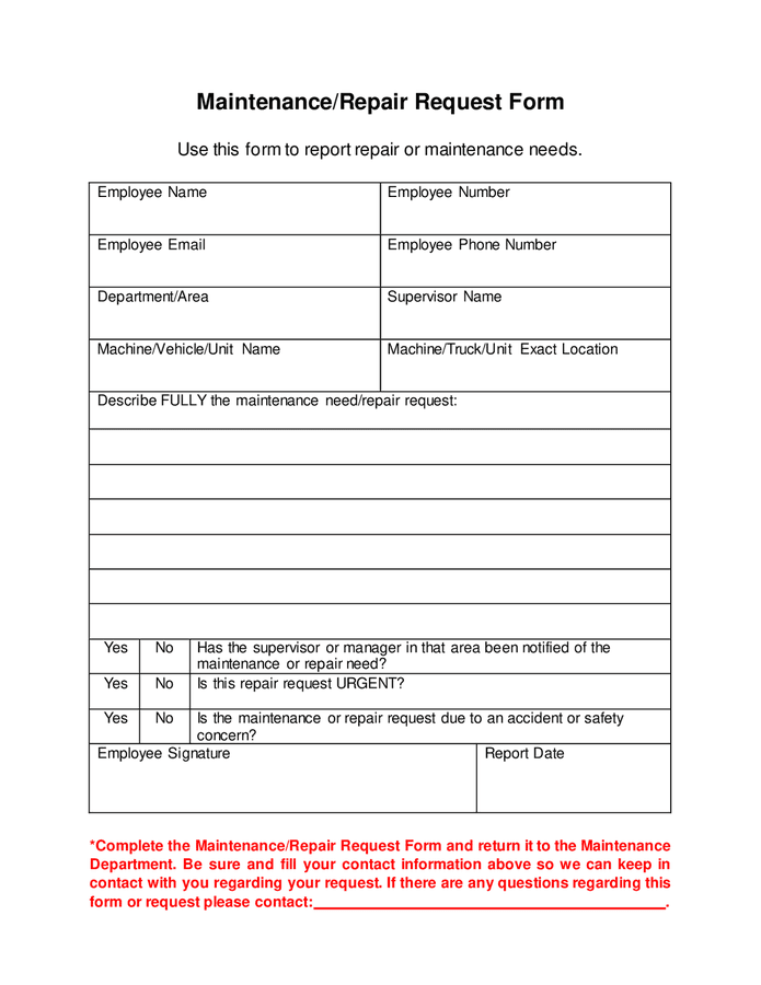 Maintenance / repair request form in Word and Pdf formats