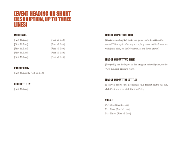 Music event program template in Word and Pdf formats page 3 of 3