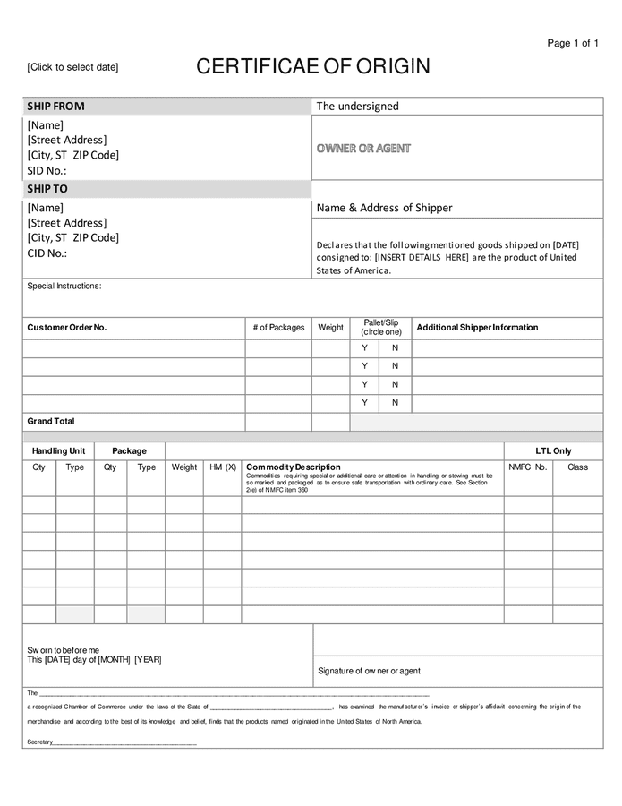 Certificate of origin template in Word and Pdf formats