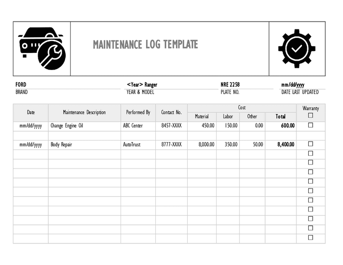Maintenance Log Sample