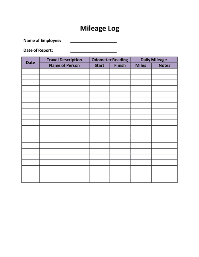 Mileage log template in Word and Pdf formats