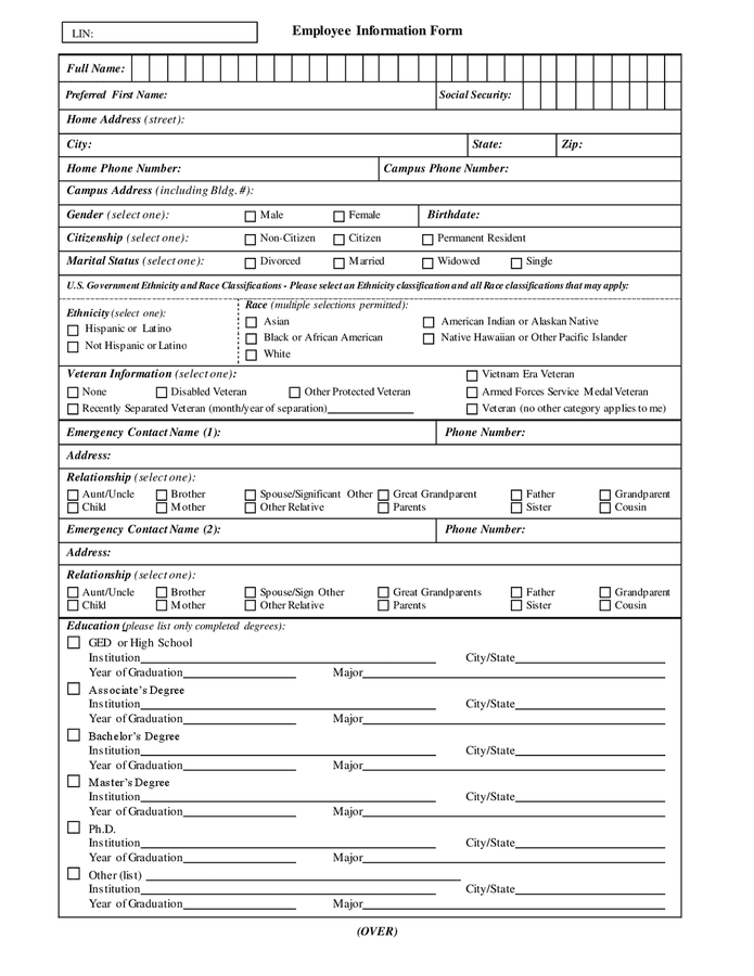 Employee information form in Word and Pdf formats