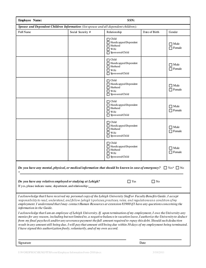 Employee information form in Word and Pdf formats - page 2 of 2
