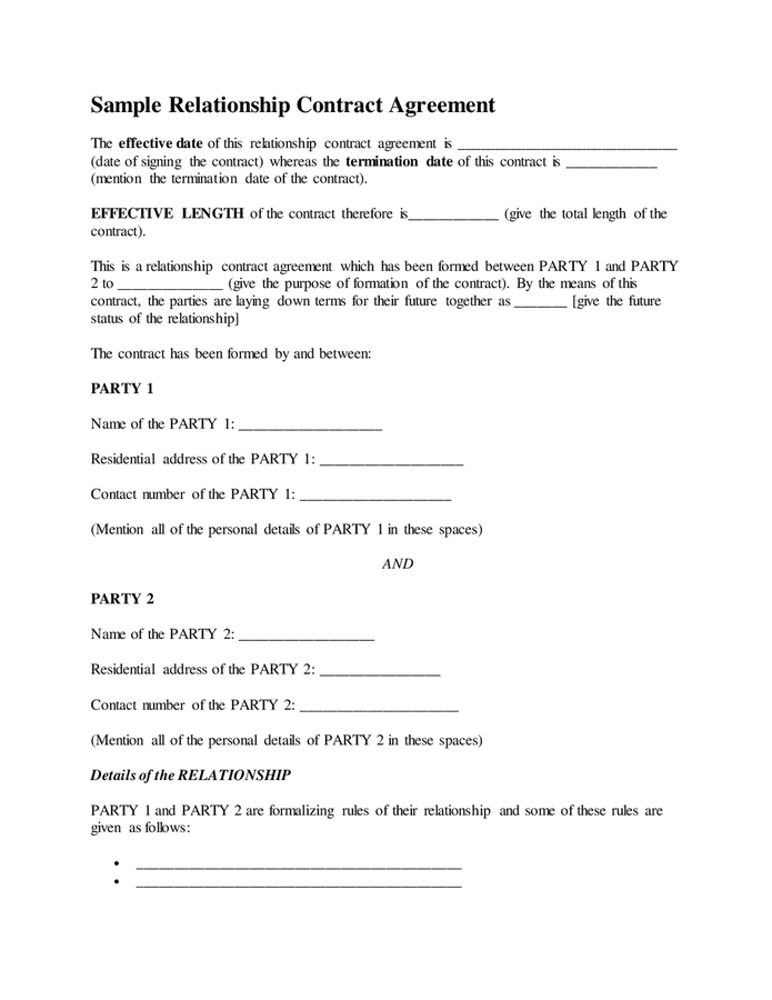 Sample relationship contract agreement in Word and Pdf formats